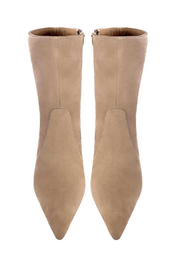 Tan beige women's ankle boots with a zip on the inside. Pointed toe. Very high wedge heels. Top view - Florence KOOIJMAN